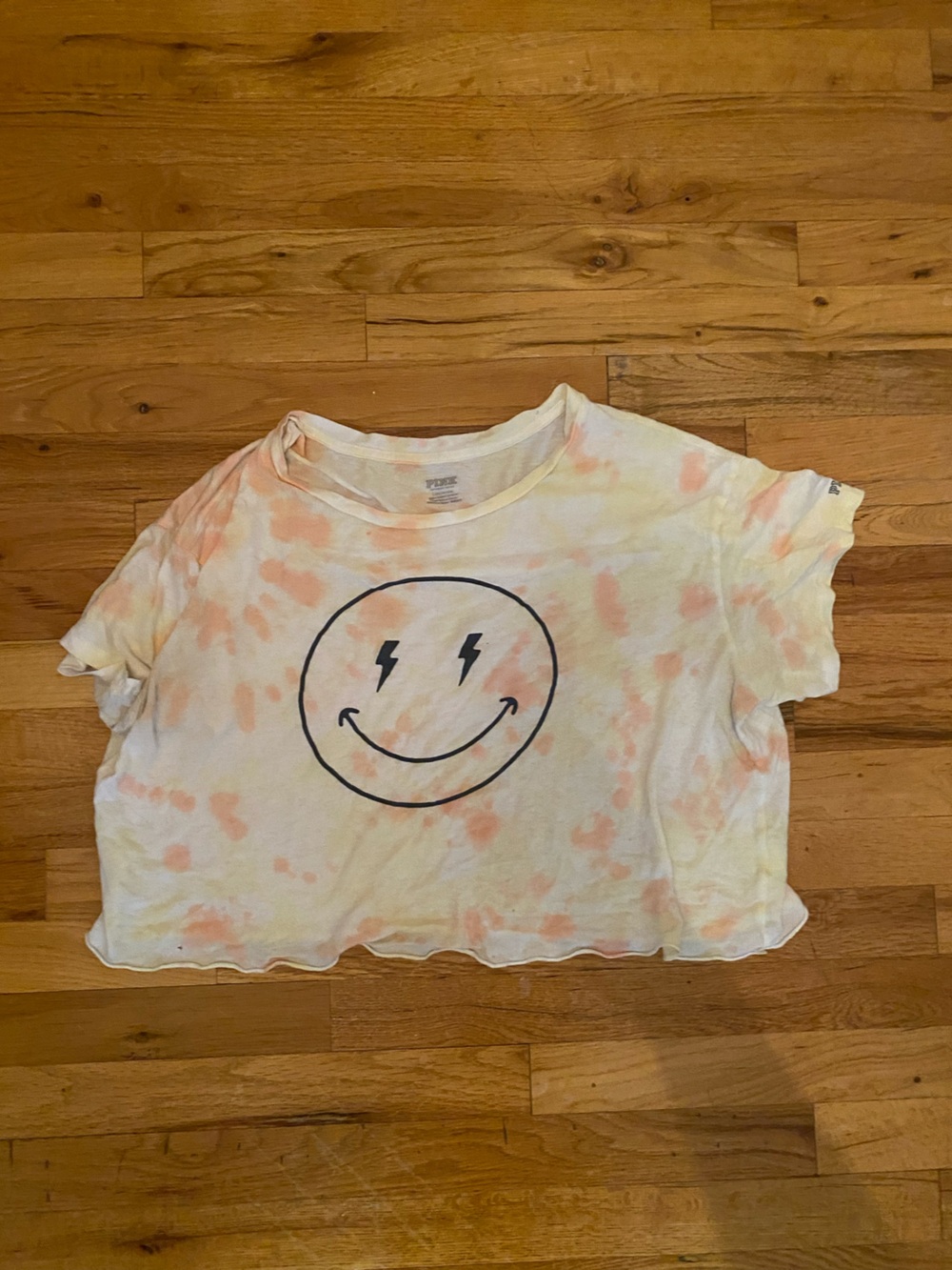 PINK Victoria's Secret Yellow & Peach Tie-Dye Smiley Crop Tee